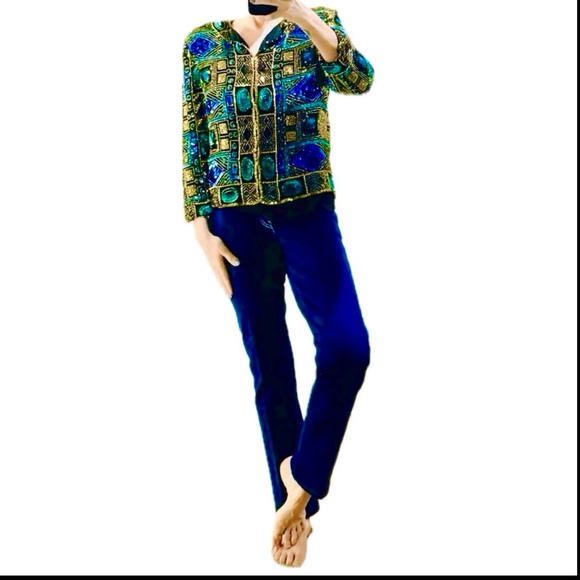 👠 💎 SCALA Vintage 80s Beaded & Sequined Jacket | Gold Green Blue Collector Sz M - Picture 7 of 8